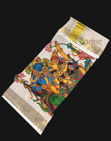 Kerala Kuthampully Mural  Designed Saree Silver M1002