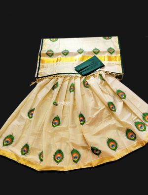 kerala Kuthampully Golden Tissue designed Dhavani Set online shopping D1006
